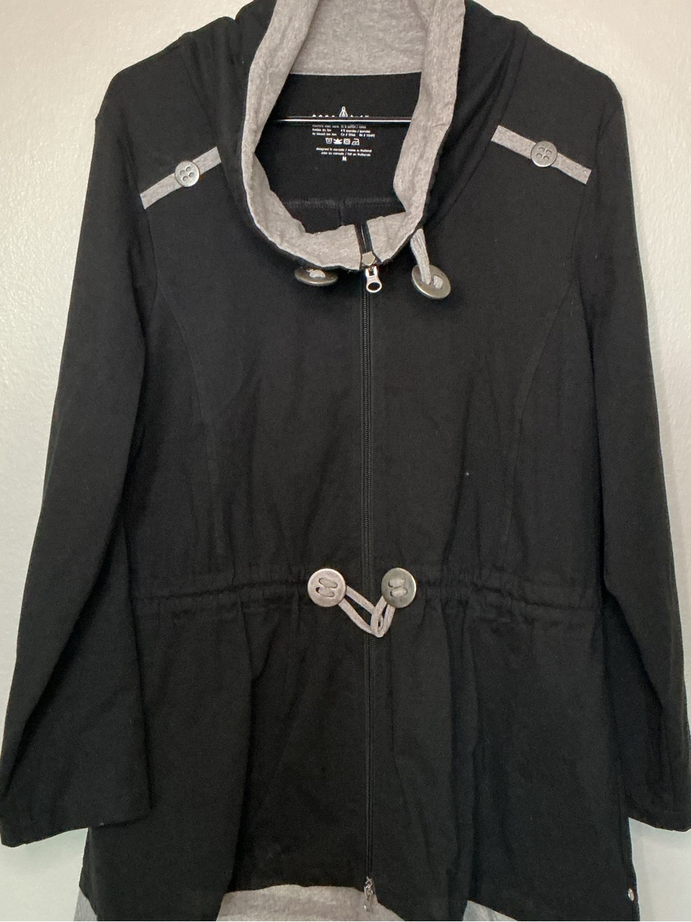 neon buddha Black Hooded Trench Coat with Gray Trim